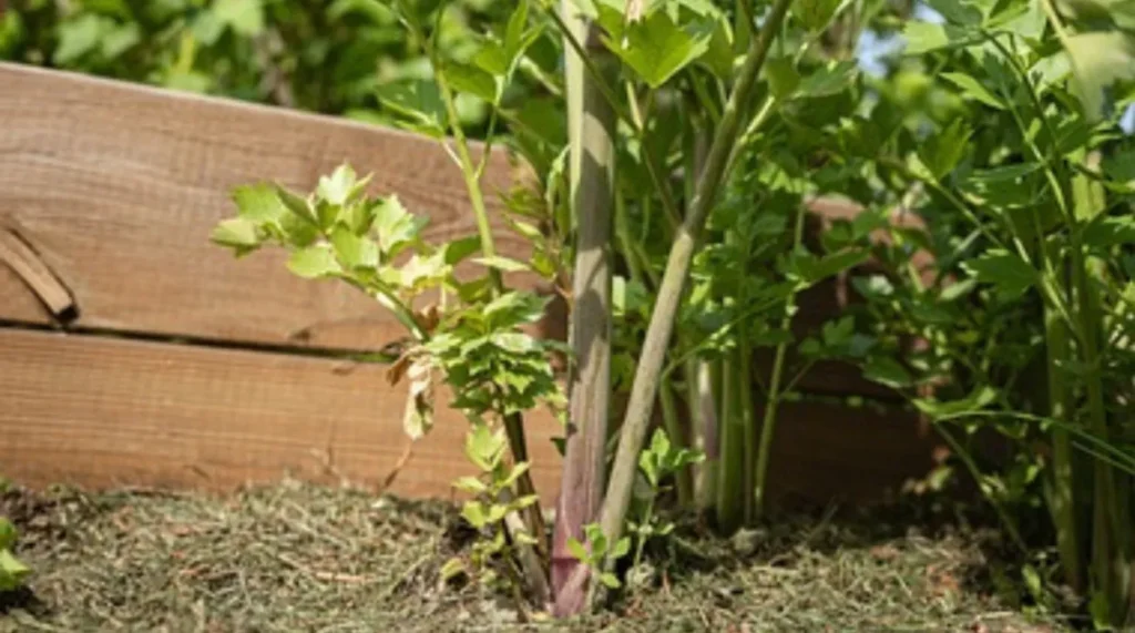 A step-by-step guide illustration showing how to grow Lovage from seed to mature plant, with labels.

