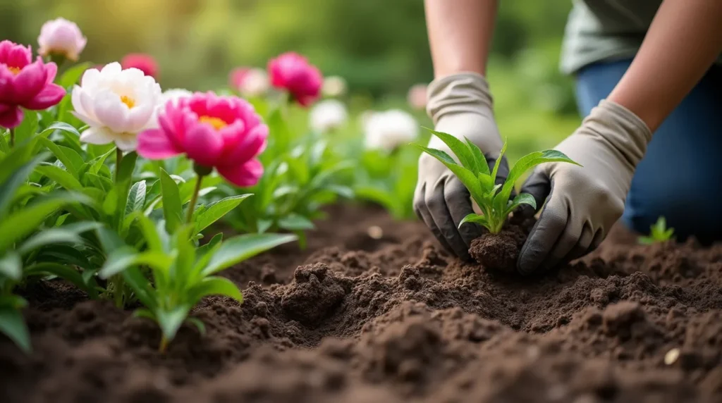 A gardener planting peony flowers in a garden bed, placing roots into freshly dug soil.