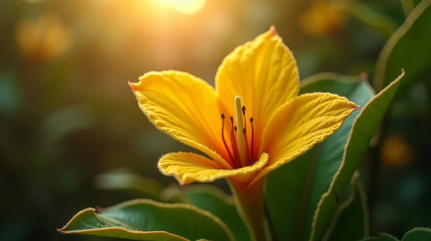 A delicate ʻIlima (Sida fallax) flower with soft golden-yellow petals and a small central stamen, surrounded by deep green, slightly fuzzy leaves.