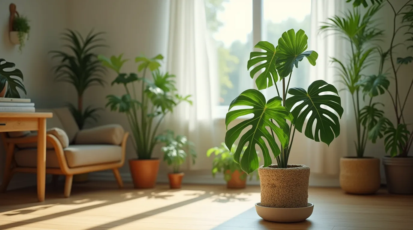 A Monstera plant thriving in a decorative pot inside a cozy home with natural sunlight streaming through a window.

