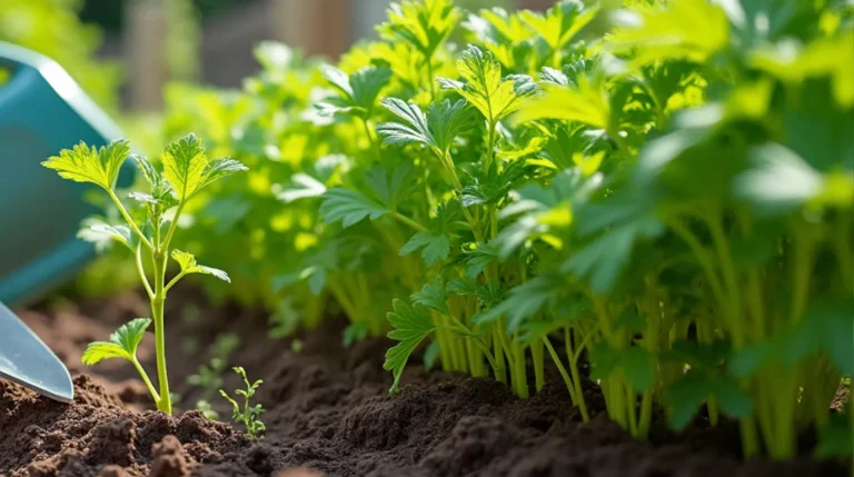 A beginner gardener planting Lovage seedlings in a raised garden bed, with gardening tools nearby.