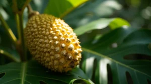 A close-up of a Monstera fruit plant with green spiky fruit and large glossy leaves in a tropical setting.