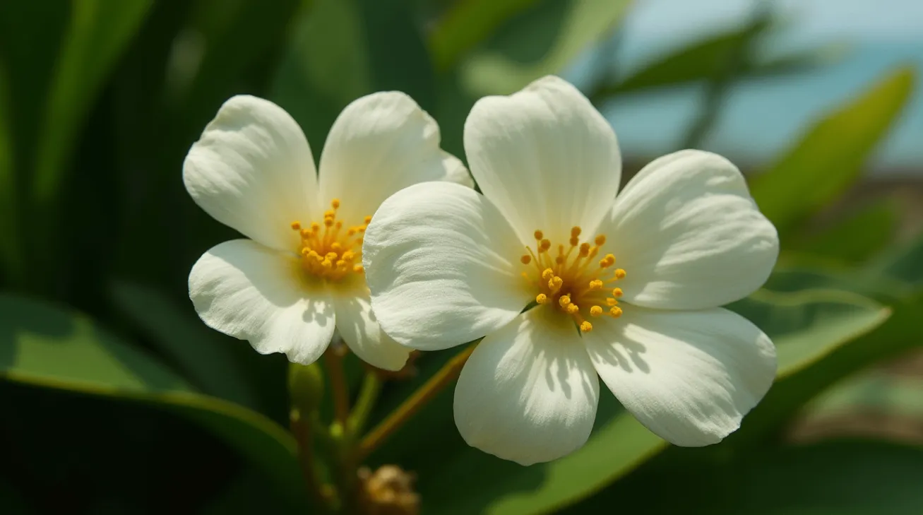 A Naupaka (Scaevola spp.) flower with unique fan-shaped white petals curling outward from a central yellow stamens cluster, surrounded by glossy green leaves.