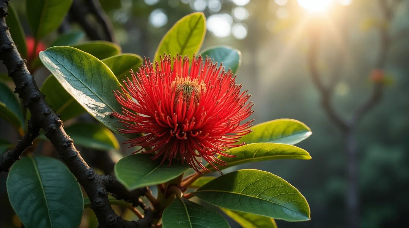 A vibrant Ohia Lehua (Metrosideros polymorpha) flower with bright red, needle-like stamens radiating outward, surrounded by soft green leaves and set against a misty, tropical backdrop.