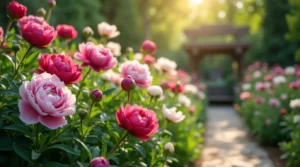 A stunning outdoor garden filled with blooming peony flowers in shades of pink, white, and red, surrounded by lush green foliage.