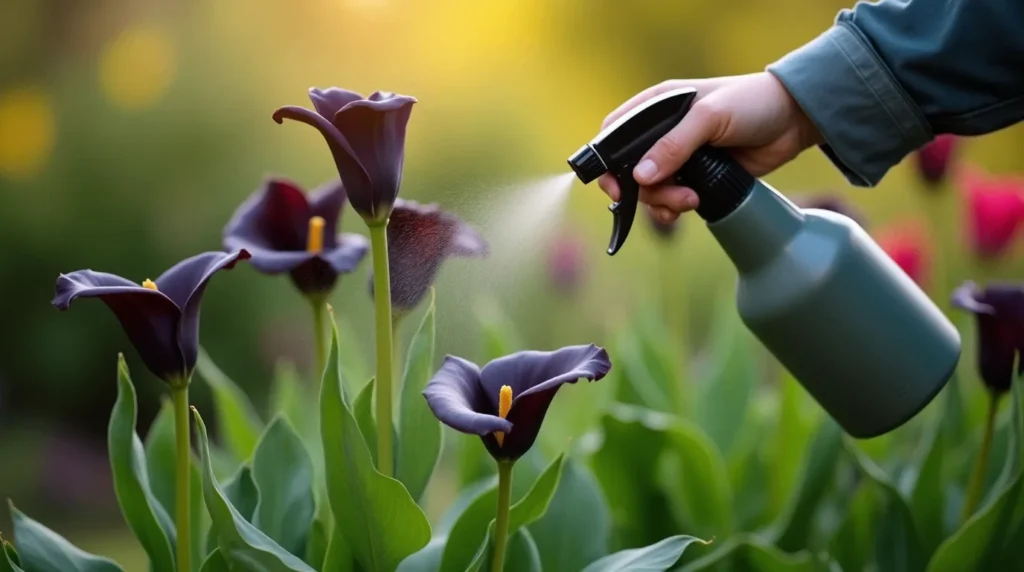 A gardener applying organic pest control to black flowers like tulips, dahlias, and calla lilies using a spray bottle in a garden.