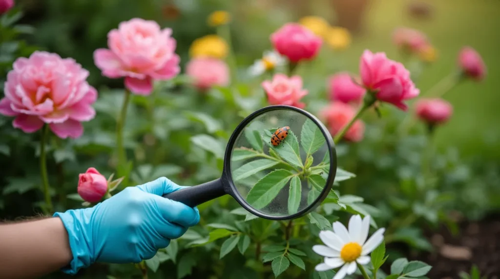 A gardener inspects the leaves of vibrant perennial flowers, including roses, daisies, and peonies, using a magnifying glass to identify pests. Natural pest control elements like ladybugs, neem oil spray, and diatomaceous earth are visible nearby, set in a lush, well-maintained garden.