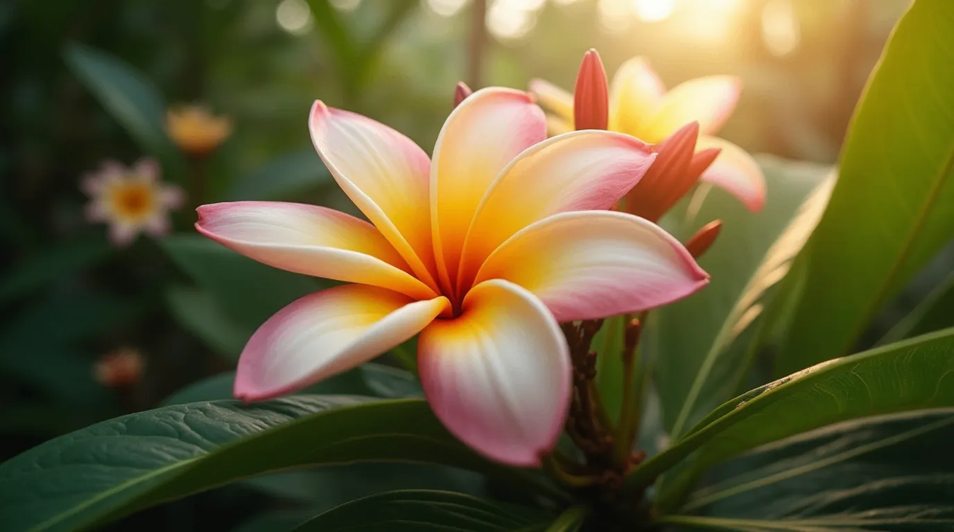 A delicate Plumeria (Plumeria spp.) flower in full bloom, with velvety petals blending white, pink, and yellow, surrounded by lush green leaves and bathed in soft sunlight.