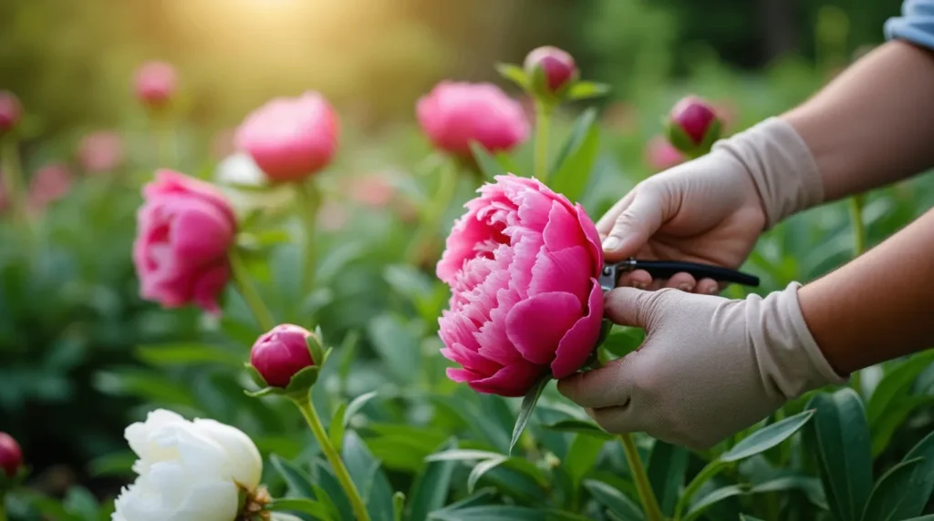 A gardener pruning and deadheading peony flowers using pruning shears in a lush garden.