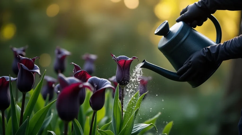 A gardener watering black flowers like tulips, dahlias, and calla lilies with a watering can in a lush garden.