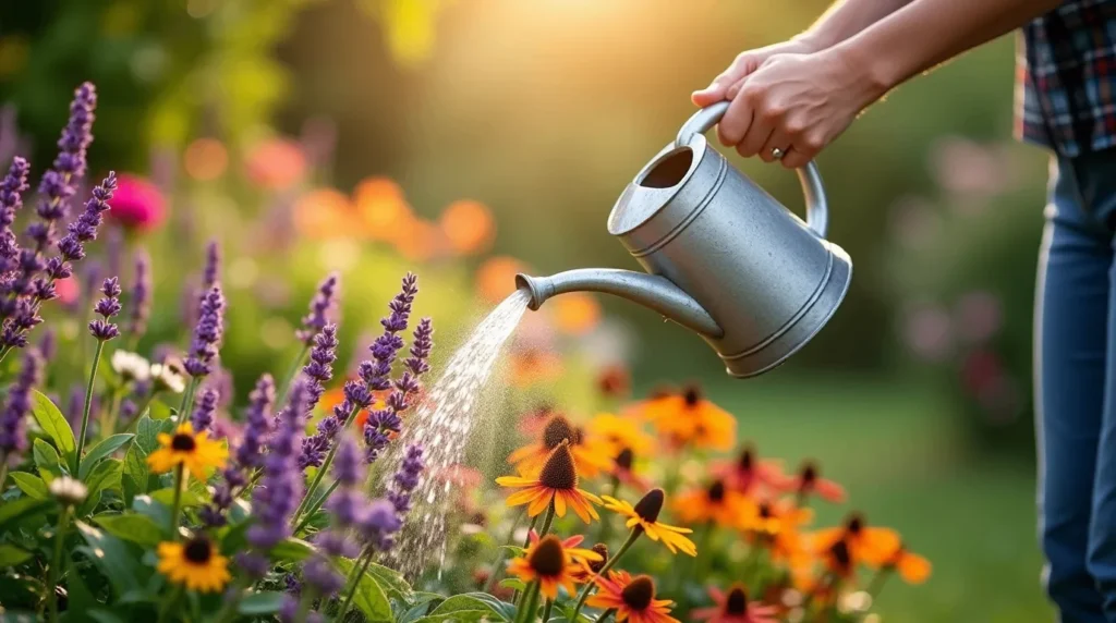 A lush garden filled with colorful perennial flowers, including lavender, coneflowers, and daylilies, being gently watered by a gardener using a watering can. Sunlight glistens on water droplets, creating a serene and vibrant scene.