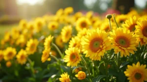 A flourishing garden with a variety of yellow flowers like sunflowers, daffodils, marigolds, and tulips under a bright sky.