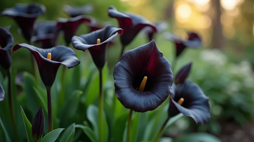 A garden with dark flowers like black tulips, dahlias, and calla lilies, surrounded by lush green foliage and soft sunlight.