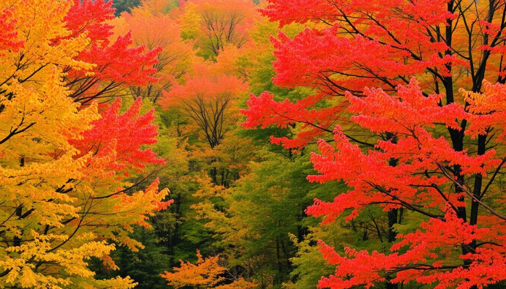 A close-up of deciduous tree leaves turning bright red and orange in the fall.