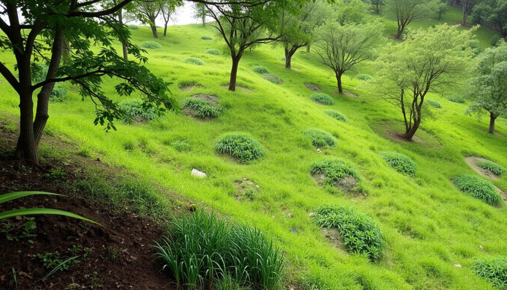 A mix of deciduous trees in spring, covered in fresh green leaves.