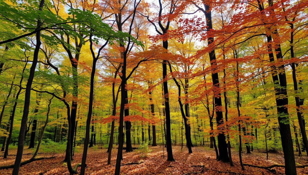 A lush deciduous forest with trees changing colors in autumn, featuring a mix of green, yellow, orange, and red leaves.