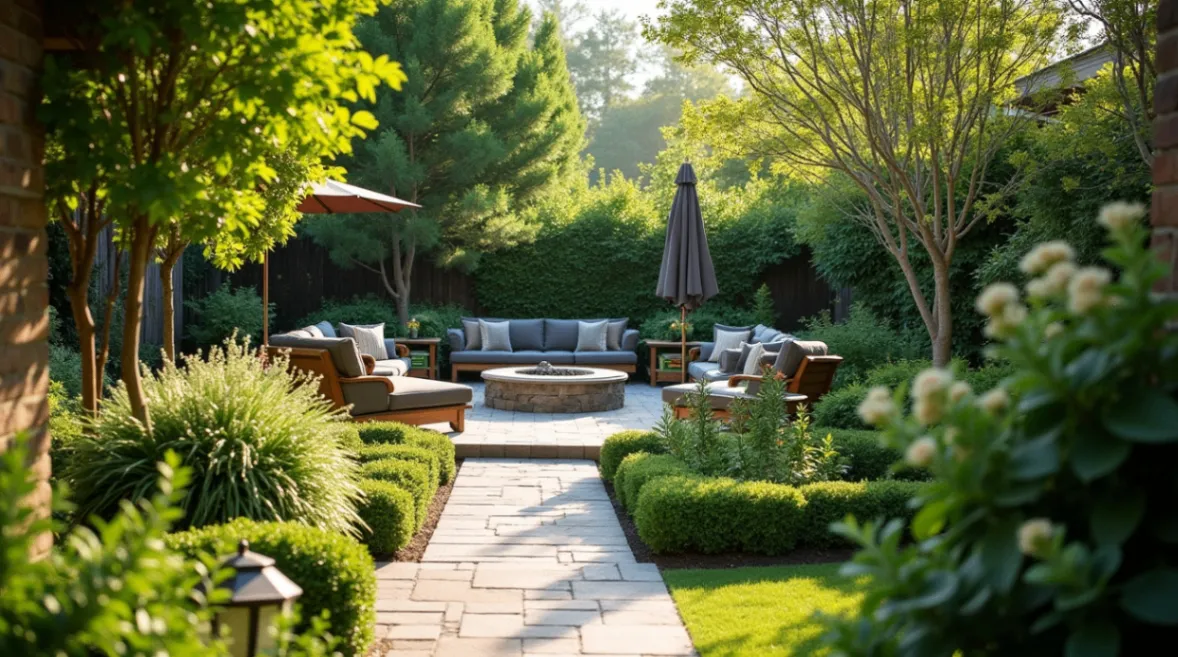 A beautifully landscaped backyard oasis with lush greenery, flowering plants, a cozy seating area, a fire pit, and a water feature, showcasing a mix of textures and heights, set in soft natural light with a warm and inviting atmosphere.