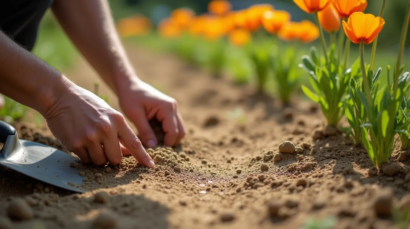 A gardener planting California Poppy seeds in sandy soil, with young sprouts and fully bloomed flowers in the background.