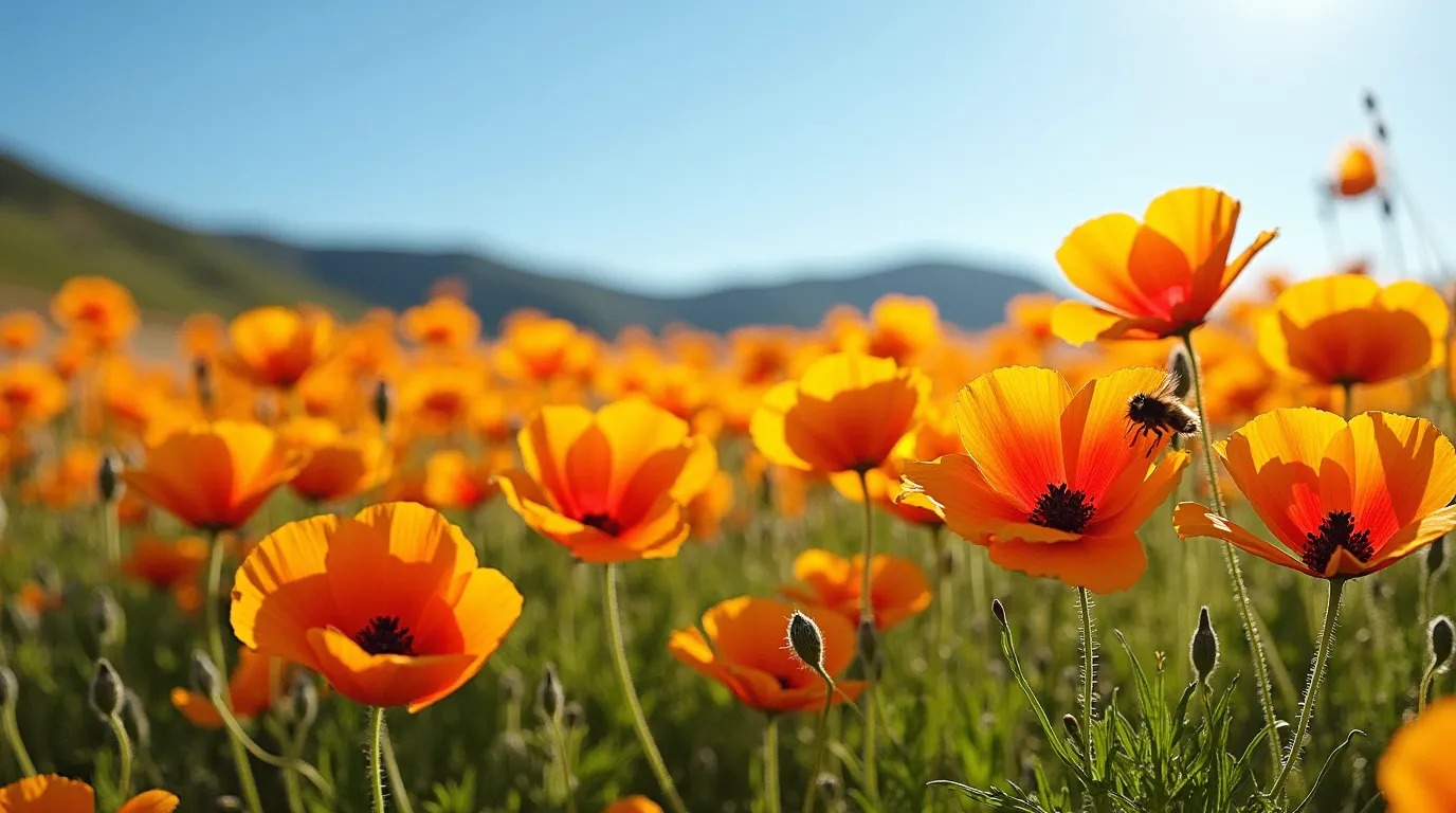 A vibrant field of California Poppy flowers in full bloom, displaying bright orange, yellow, and red petals under a clear blue sky.