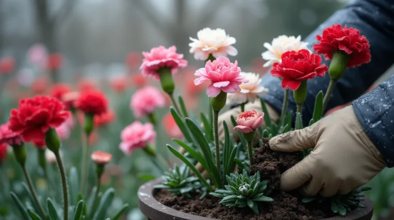 A gardener planting colorful carnation flowers in a sunny garden, with pink, red, and white blooms and fresh green leaves around them