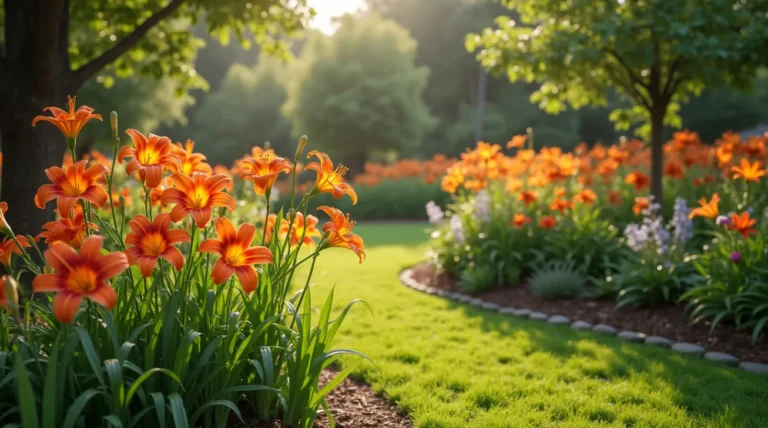 A gardener tending to Daylily plants, watering them, deadheading wilted flowers, applying mulch, and fertilizing for healthy growth in a vibrant garden.