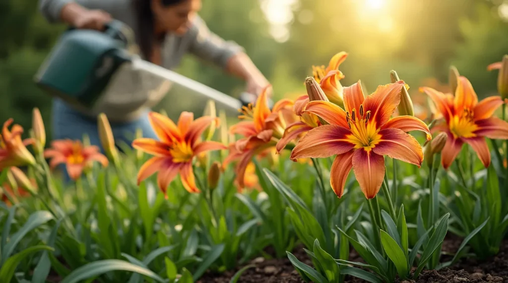 A realistic image of a gardener caring for Daylily plants by watering, deadheading faded flowers, applying mulch, and fertilizing in a lush garden setting.