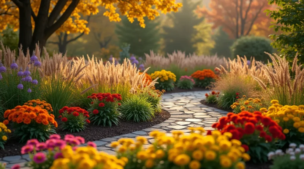 A beautifully designed fall flower garden with chrysanthemums, asters, and marigolds in autumn colors, surrounded by decorative elements like stones and paths.