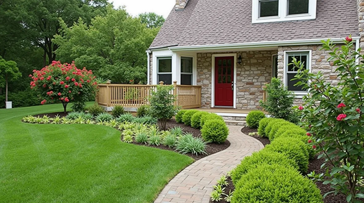 A well-manicured front yard with a variety of plants, shrubs, and a neat pathway leading to the entrance.