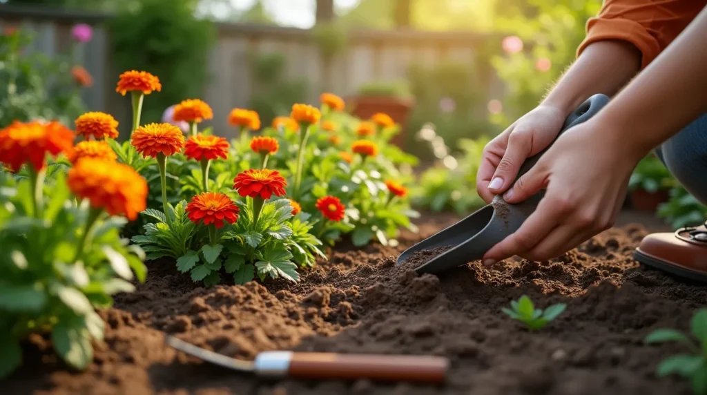 A gardener planting orange flowers like marigolds, tulips, and poppies in rich soil, with gardening tools and bright sunlight