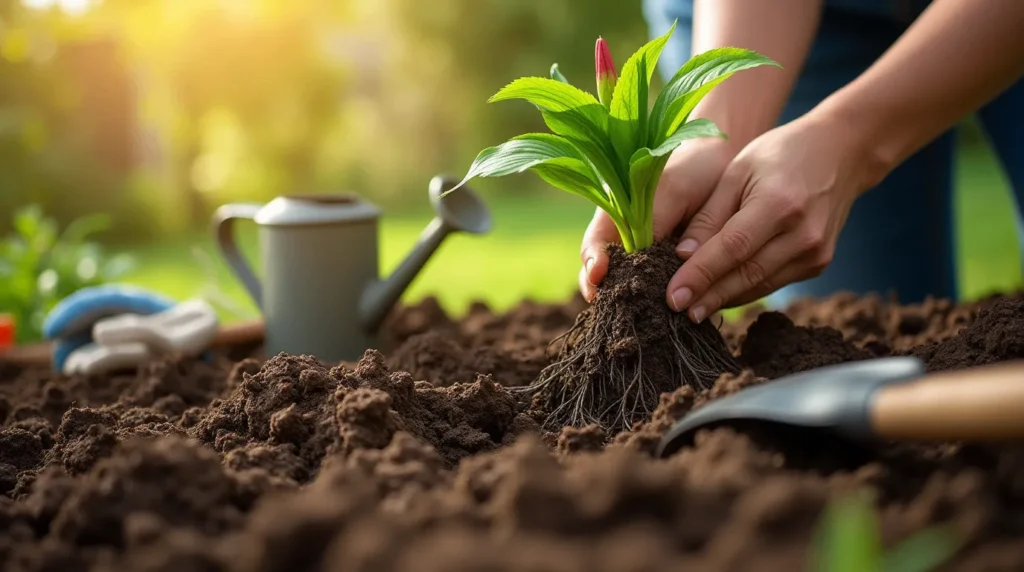 A realistic image of a gardener caring for Daylily plants, watering them, removing faded flowers, applying mulch, and fertilizing in a lush garden setting.