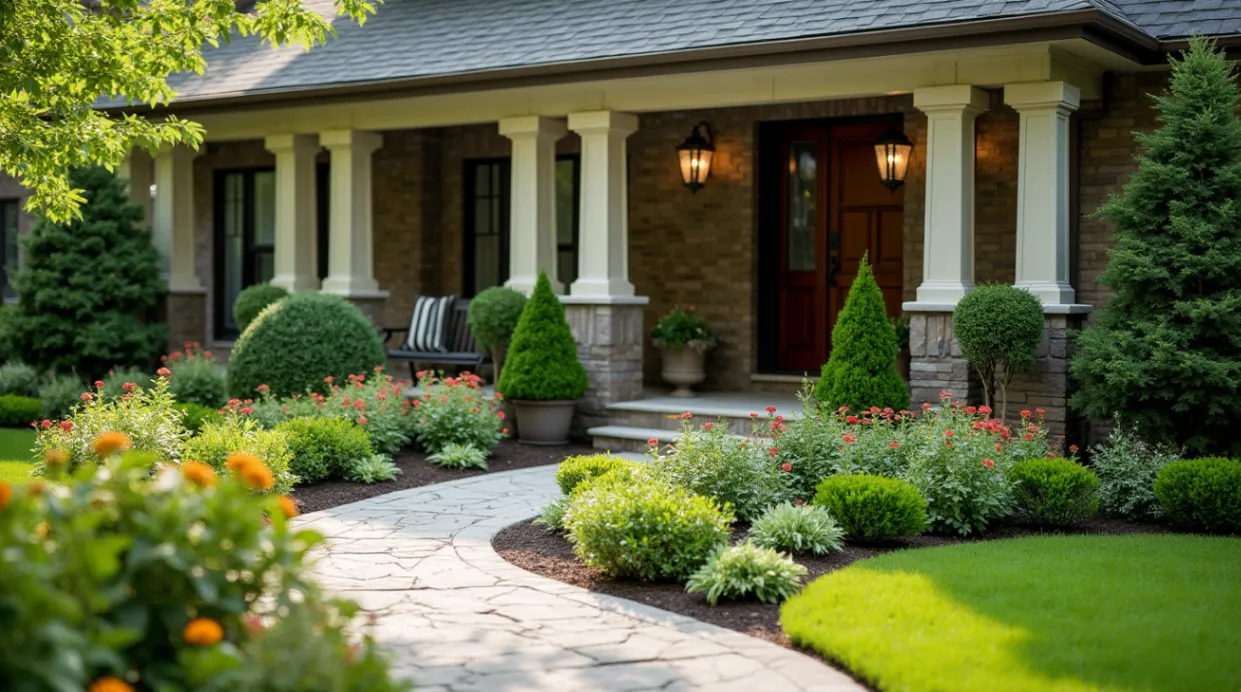 A beautifully landscaped front yard with colorful flowers, trimmed shrubs, and small trees, featuring a stone pathway, well-maintained lawn, and decorative elements like a mailbox and outdoor lighting, set against a charming home exterior with soft natural light.