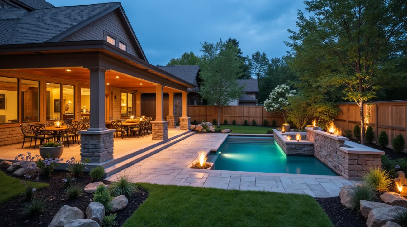 A stylish outdoor living space with a patio, cozy seating, a fire pit, and lush greenery.