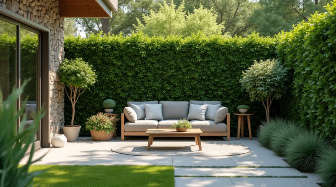 A private garden featuring tall hedges, dense shrubs, and a decorative green wall, creating a secluded outdoor space.