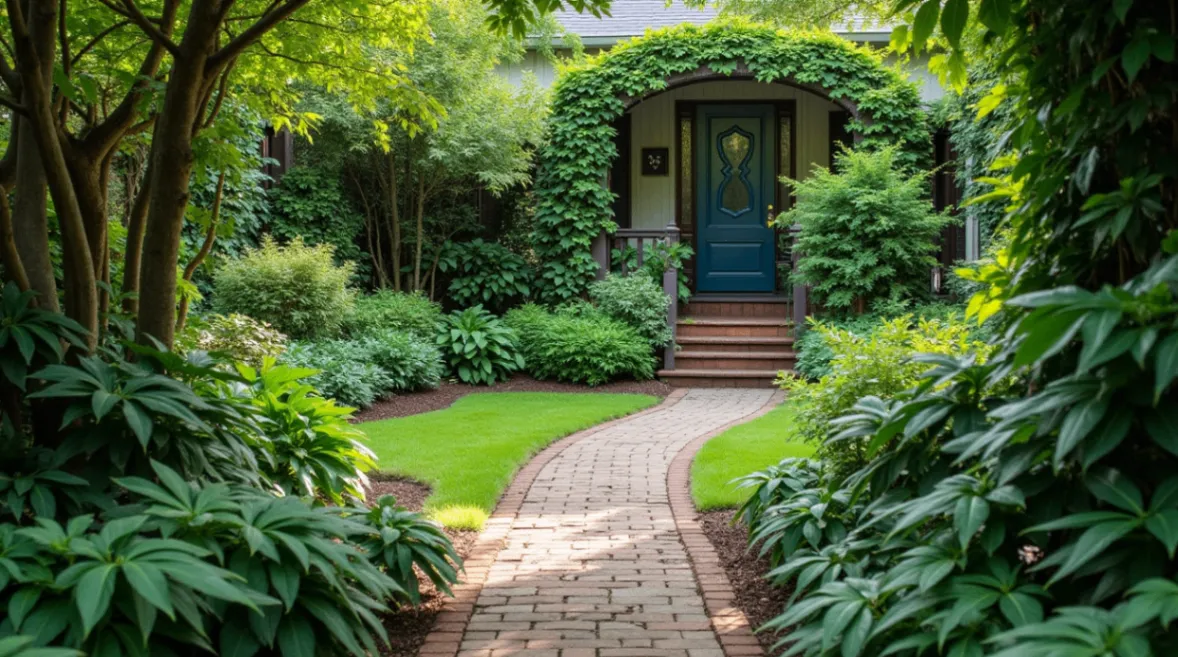 A lush, shaded garden with shade-loving plants, ferns, and a winding stone pathway.