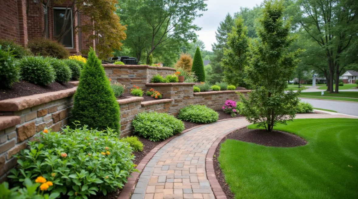 A terraced landscape with retaining walls, stone pathways, and lush plants designed for a sloped yard.