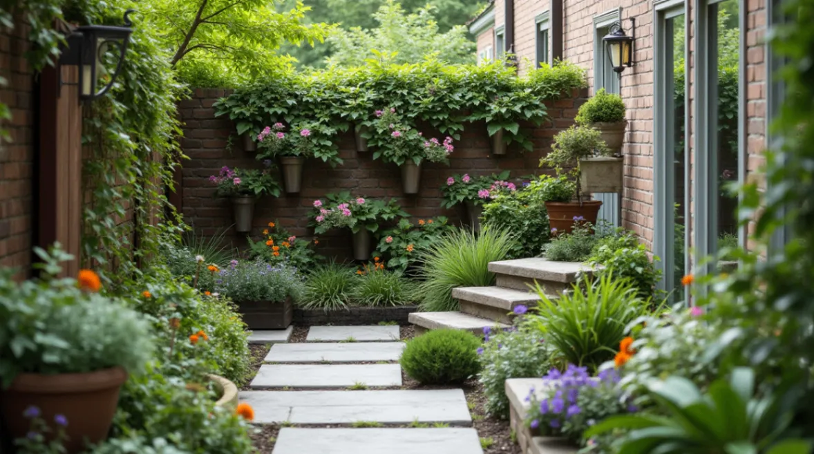 A compact yet vibrant garden with carefully arranged plants, decorative pots, and a small seating area, designed for limited space.