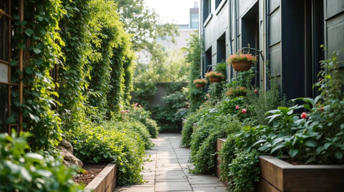 A thriving urban garden with lush greenery, potted plants, vertical gardens, and small trees, arranged on a balcony or rooftop, featuring cozy seating and soft string lights, set against a city skyline with warm natural light.