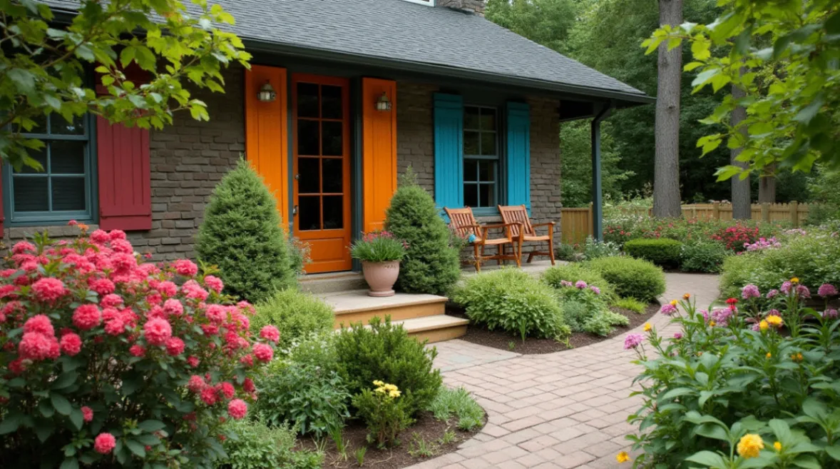 A vibrant garden with a mix of colorful flowers, shrubs, and foliage arranged in a visually striking landscape.