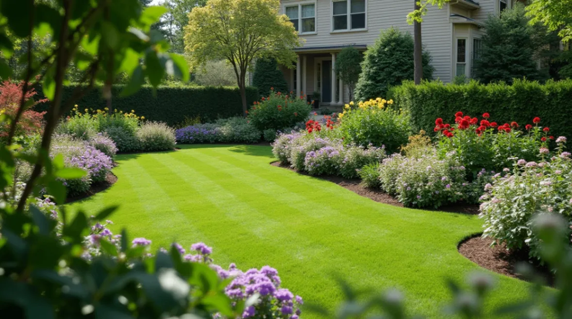 A beautiful garden with a mix of edible plants, including herbs, vegetables, and fruit trees, arranged in a functional landscape design.