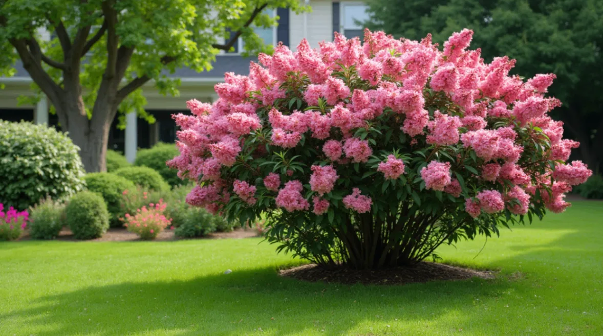 A vibrant garden filled with flowering shrubs in various colors and sizes, arranged alongside a small pathway and decorative elements like a birdbath or bench, set in a serene outdoor space with soft natural light.