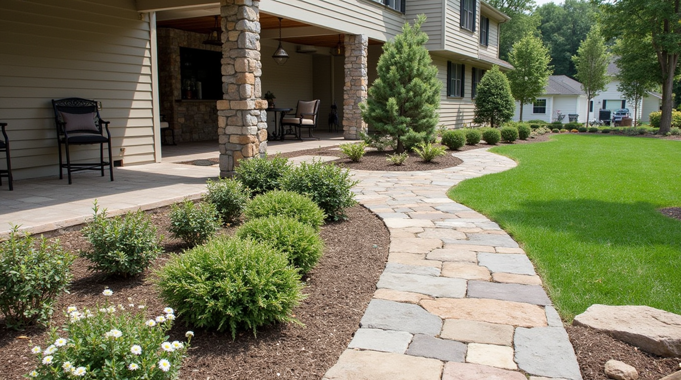 A well-designed landscape featuring stone pathways, a patio, and decorative retaining walls surrounded by greenery.