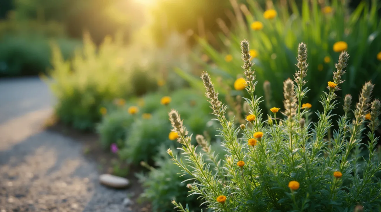 A vibrant garden featuring a variety of native plants, including wildflowers, shrubs, and grasses, designed for a natural look.