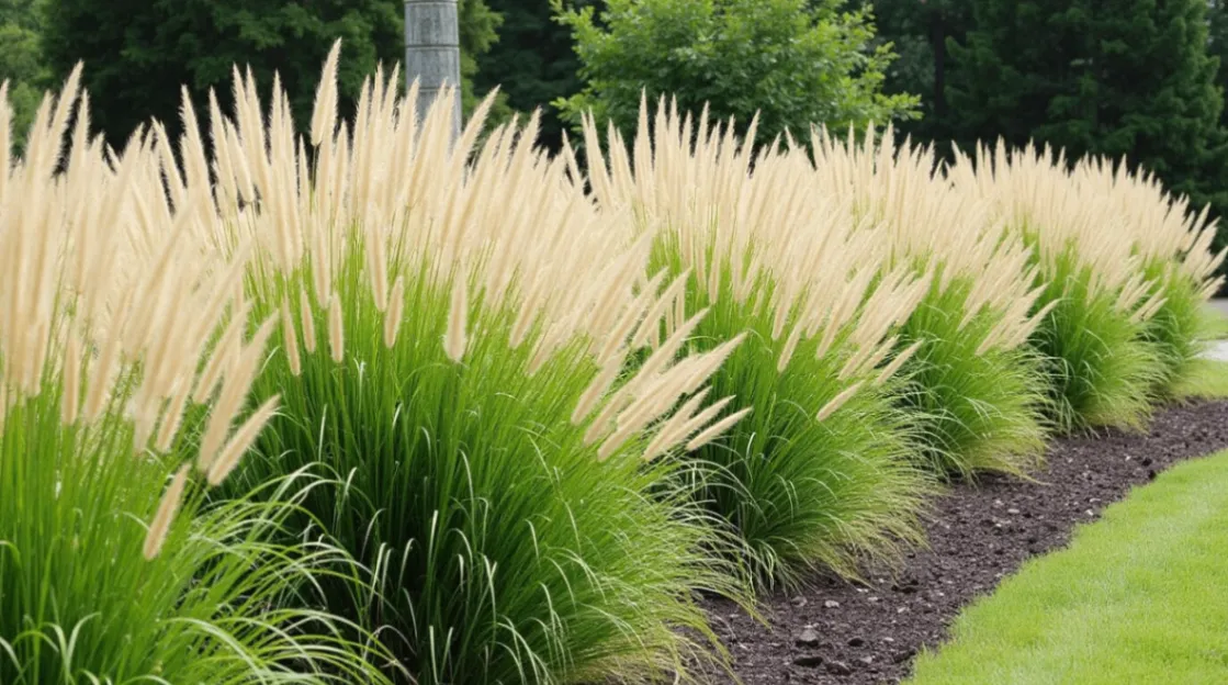 beautifully landscaped garden featuring a variety of ornamental grasses, adding texture and movement to the space.