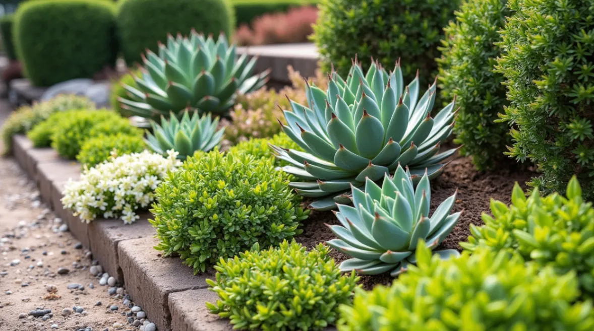 A beautifully designed landscape featuring a variety of succulents arranged in a rock garden.