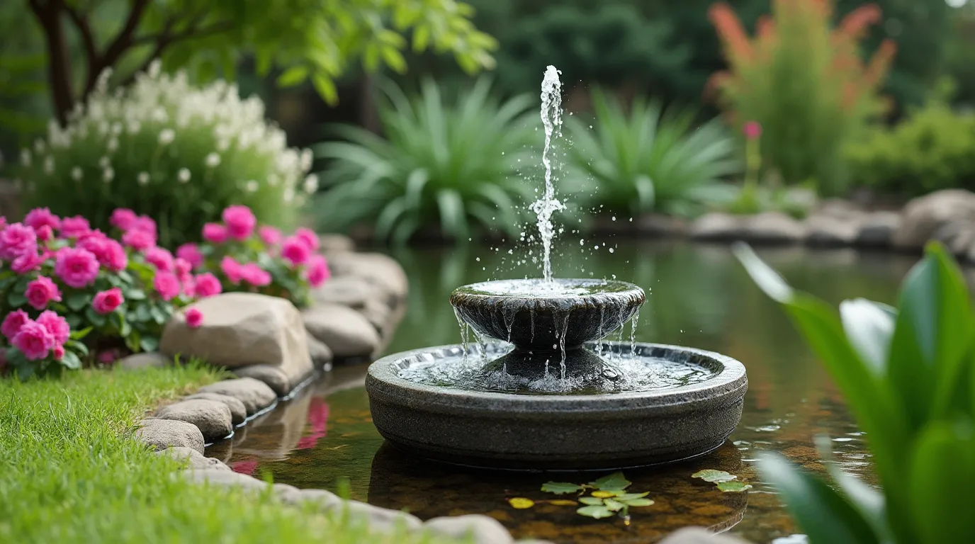 A serene garden with a flowing waterfall, a small pond, and lush greenery surrounding the water feature.