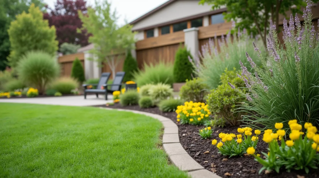 A beautifully designed low-maintenance garden with drought-tolerant plants, mulch, and decorative stones.