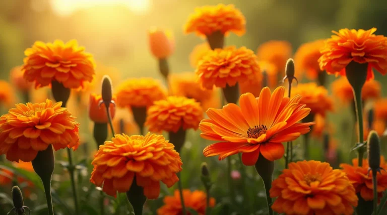 A colorful display of 15 orange flowers, including marigolds, tulips, lilies, and poppies, blooming in a garden setting.