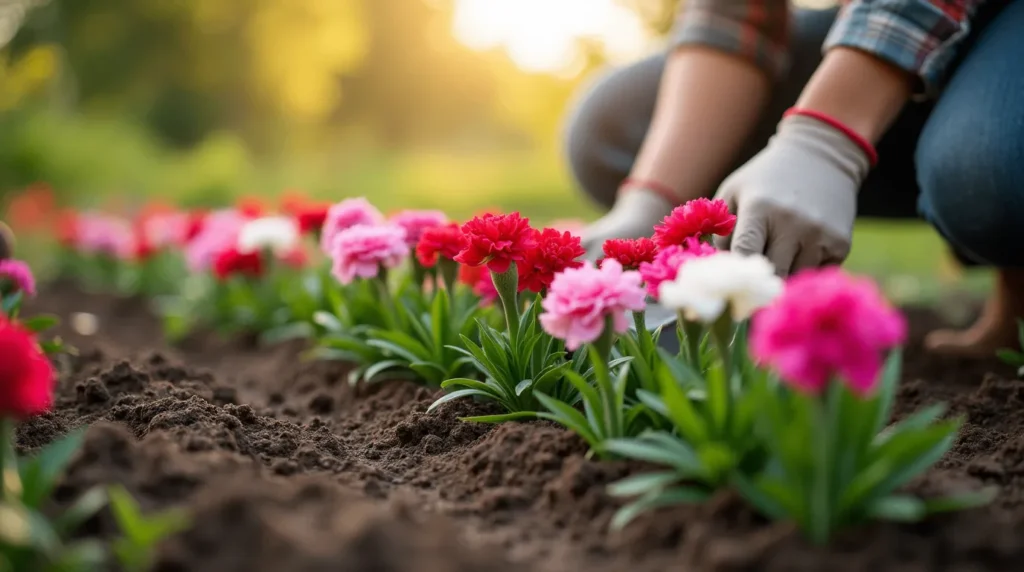 A gardener planting vibrant carnation flowers in a sunny garden, using a trowel with pink, red, and white blooms surrounded by green leaves.