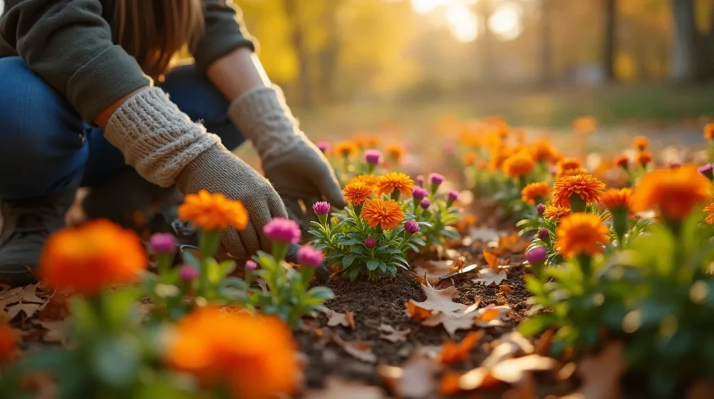 A gardener planting and caring for fall flowers like chrysanthemums and asters in an autumn garden, with warm colors and fallen leaves.