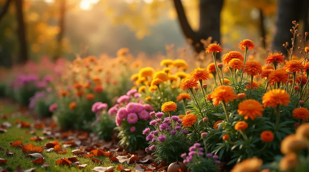 A beautiful fall garden scene with colorful flowers like dahlias and marigolds, set against autumn foliage and soft sunlight.